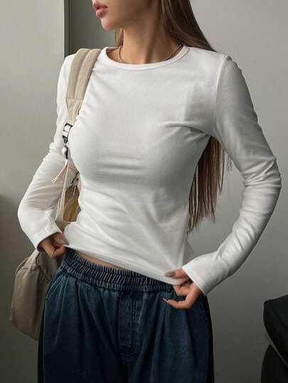 DAZY 여성 솔리드 컬러 긴팔 티셔츠, 가을 여성 의류
