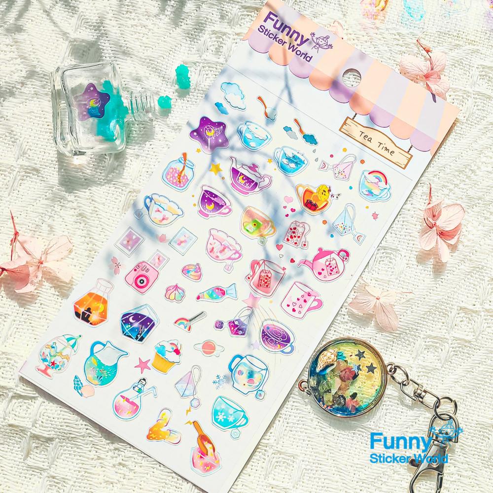 퍼니스티커 별 우주 하늘 구름 무지개 티팟 티백 팬시 스티커 티타임 C587 PVC 스티커