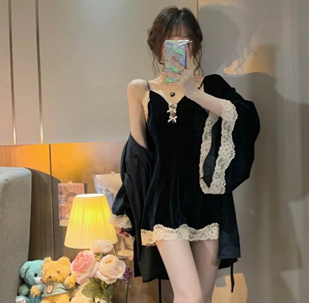 라벨르오브 벨벳 시크 블랙 레이스 나시 슬립 원피스 로브 가운 홈웨어 잠옷 파자마
