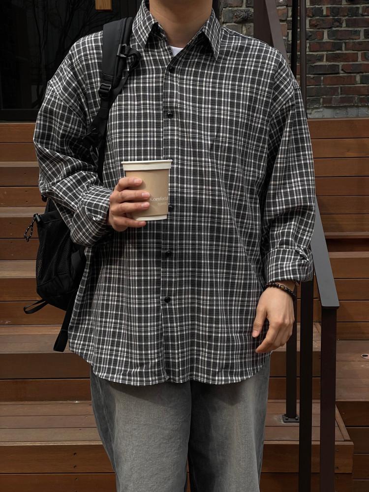 남자 미니멀 투톤 너드 아울 체크셔츠