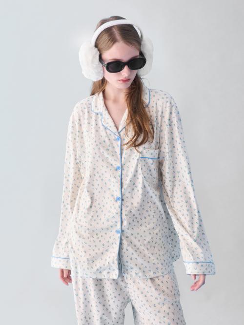 블루플로랄 피치기모 커플잠옷 긴팔 파자마 상하의 세트