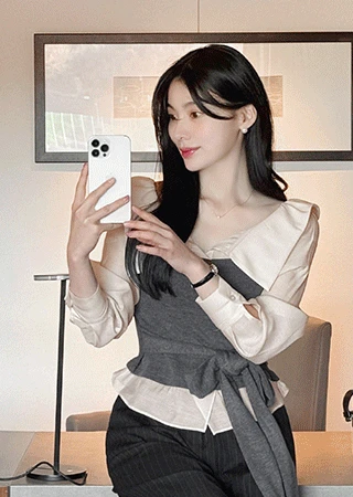 봄신상💛 [하객룩] 오프숄더 카라 배색 블라우스