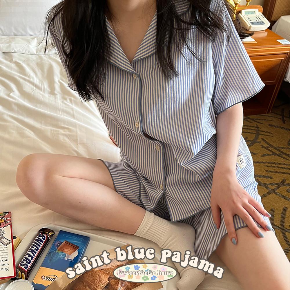 세인트 블루 잠옷 (여름 여성 줄무늬 스트라이프 시원한 순면 면 파자마 홈웨어)