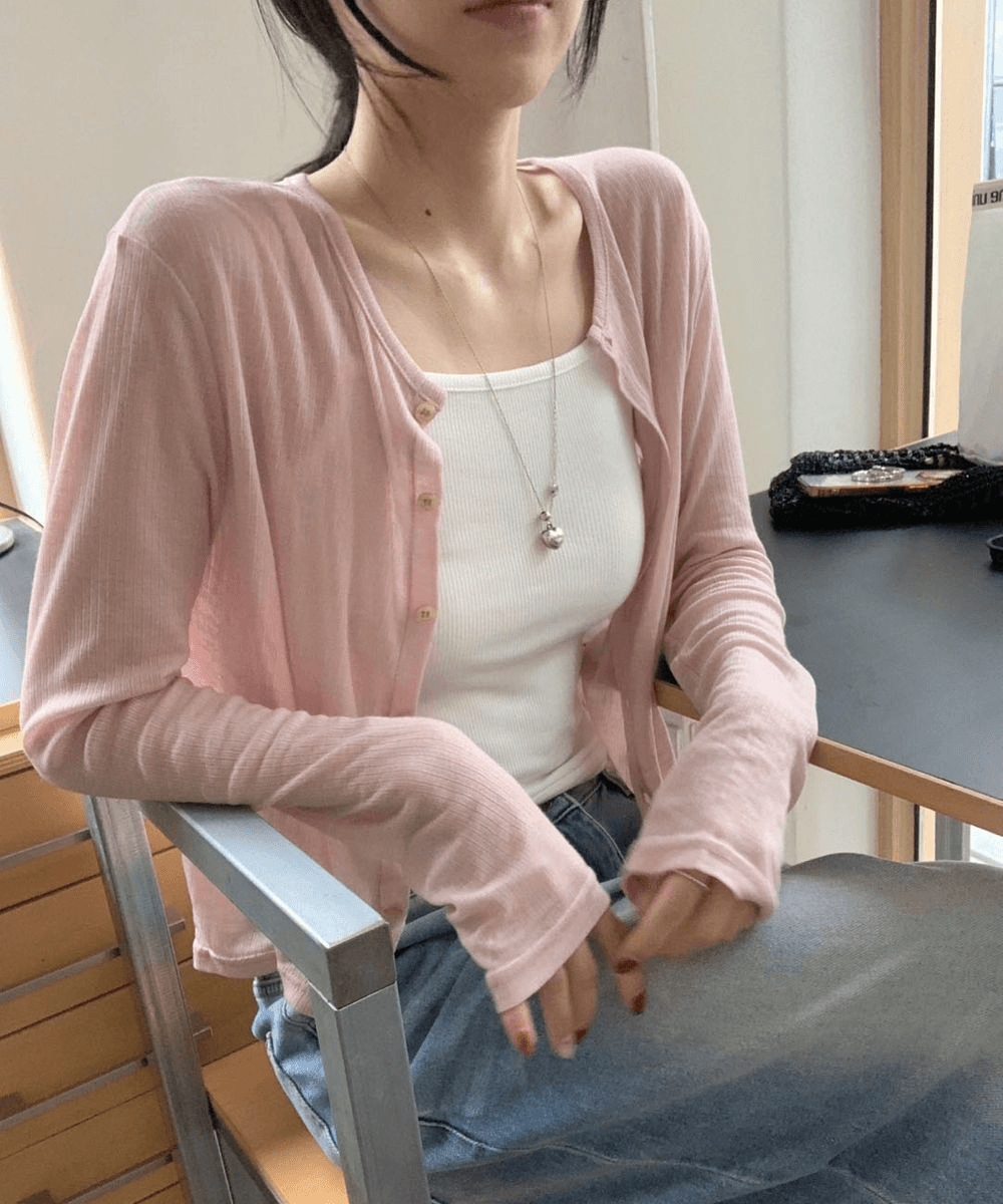 아모로소 오즈 버튼 시스루 라운드 긴팔 가디건 (4color) - 여름 가을 살안타템 장마룩 휴가 바캉스룩 여행룩 데일리룩