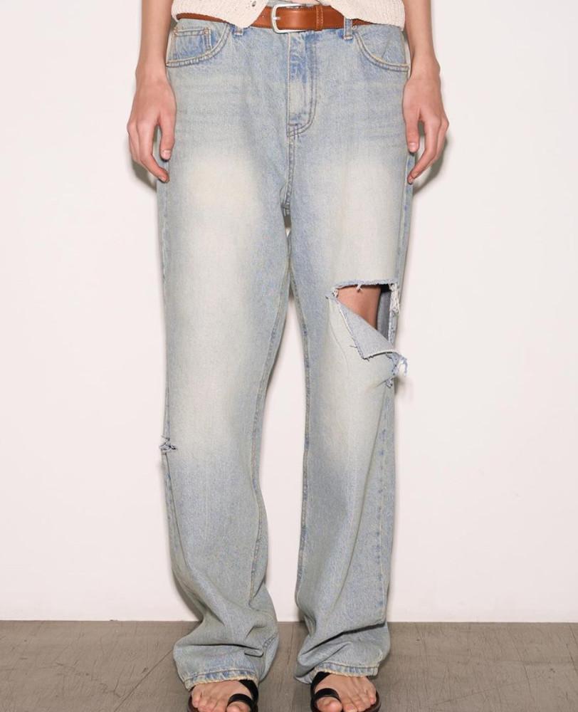 24SS 커스 구제 연청 와이드 데님 빈티지 팬츠
