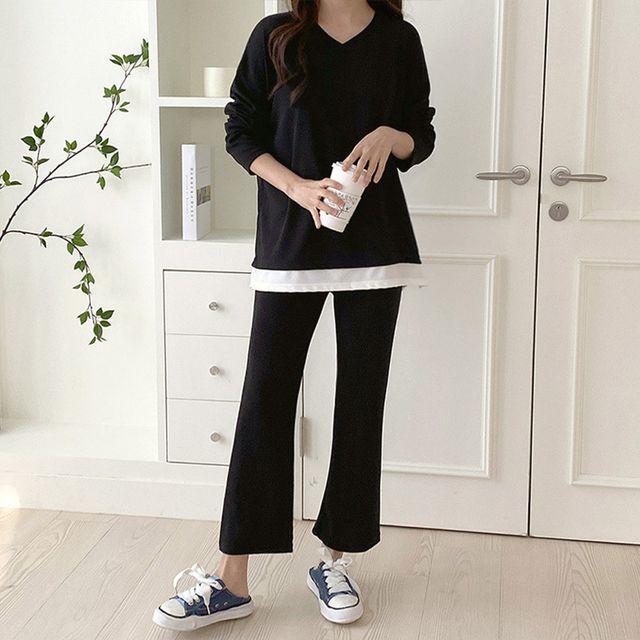 [세트가격] 무지 브이넥 레이어드 긴팔 롱티셔츠 밴딩 팬츠 트레이닝 세트 츄리닝 캐주얼 데일리룩 -BPST0119- 빅사이즈 루즈핏 오버핏 봄 가을