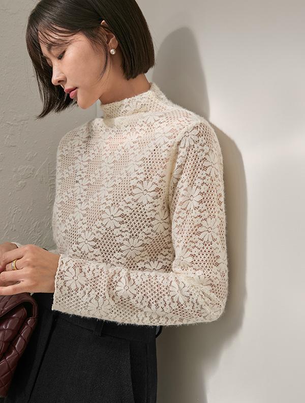 M. 플라워 레이스 하프넥 티 (2col)<span style=font-size:0pt