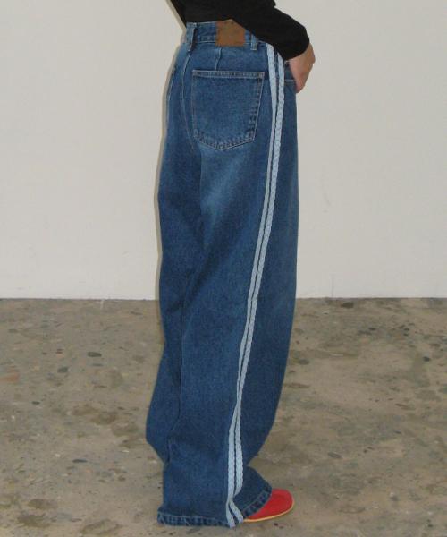 SIDE LACE TRACK DENIM PANTS MEDIUM BLUE
