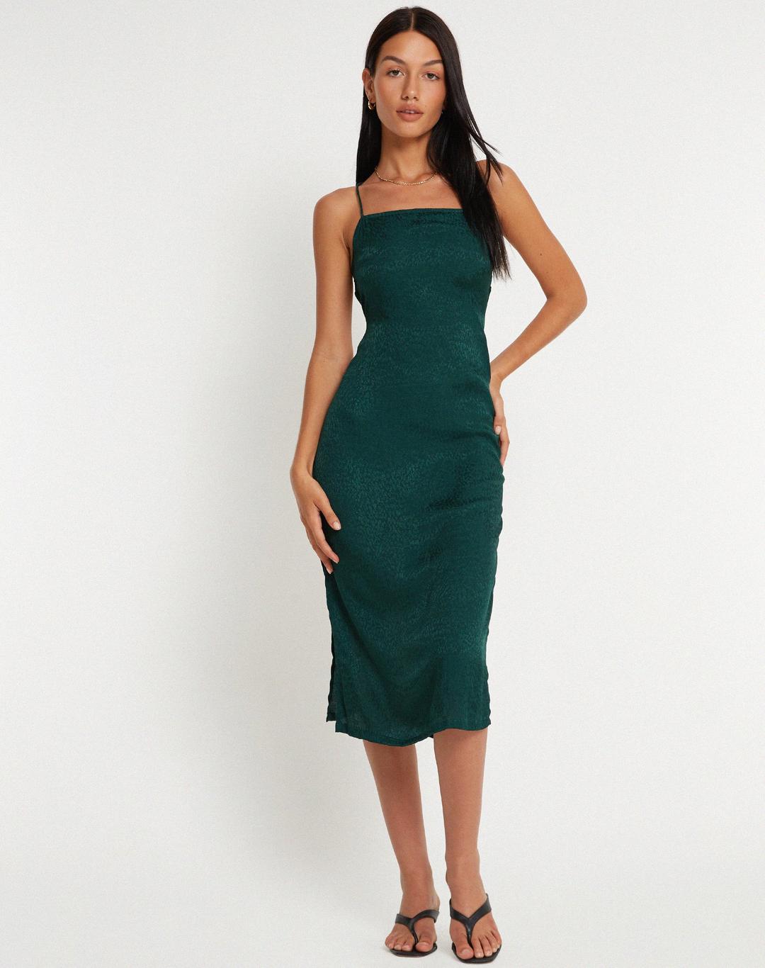 Nosita Midi Dress in Satin Cheetah Forest Green - XXS