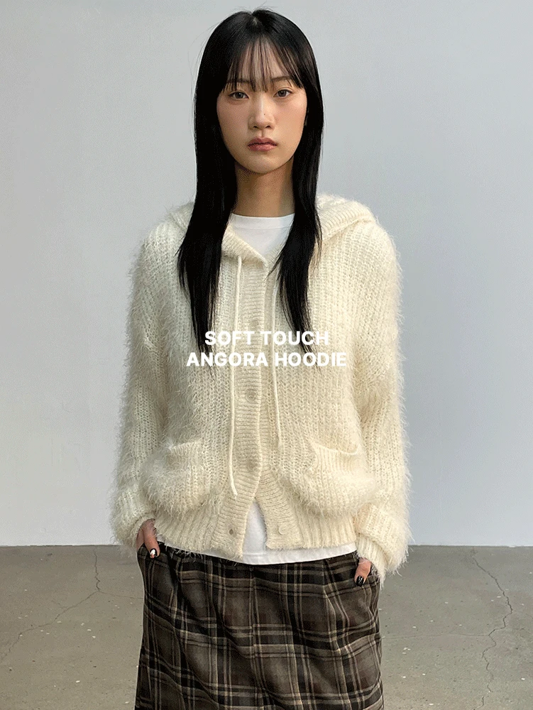 렌저 솔잎앙고라 루즈핏 후드니트가디건