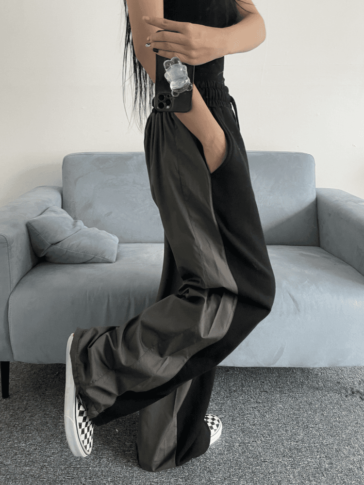 [UNISEX]하프 컬러&패브릭 와이드&조거팬츠(black&khaki,3-5일 여유 주문)