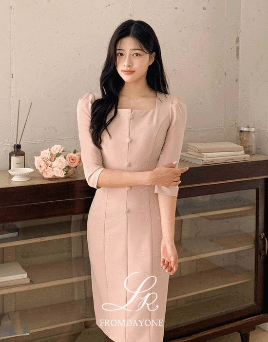 Made)르네인 트임 스퀘어넥 버튼 원피스(미니,롱ver/H라인/절개/7부/핀턱/하객룩/격식룩/데이트룩/모임룩)