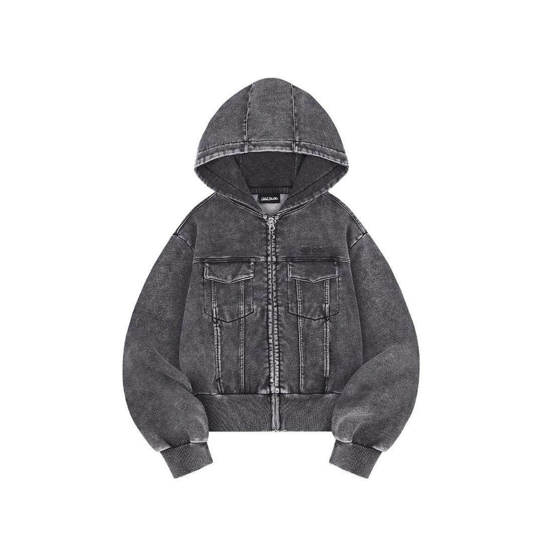 오드 시그니처 데님 스웻 크롭집업 - BLACK