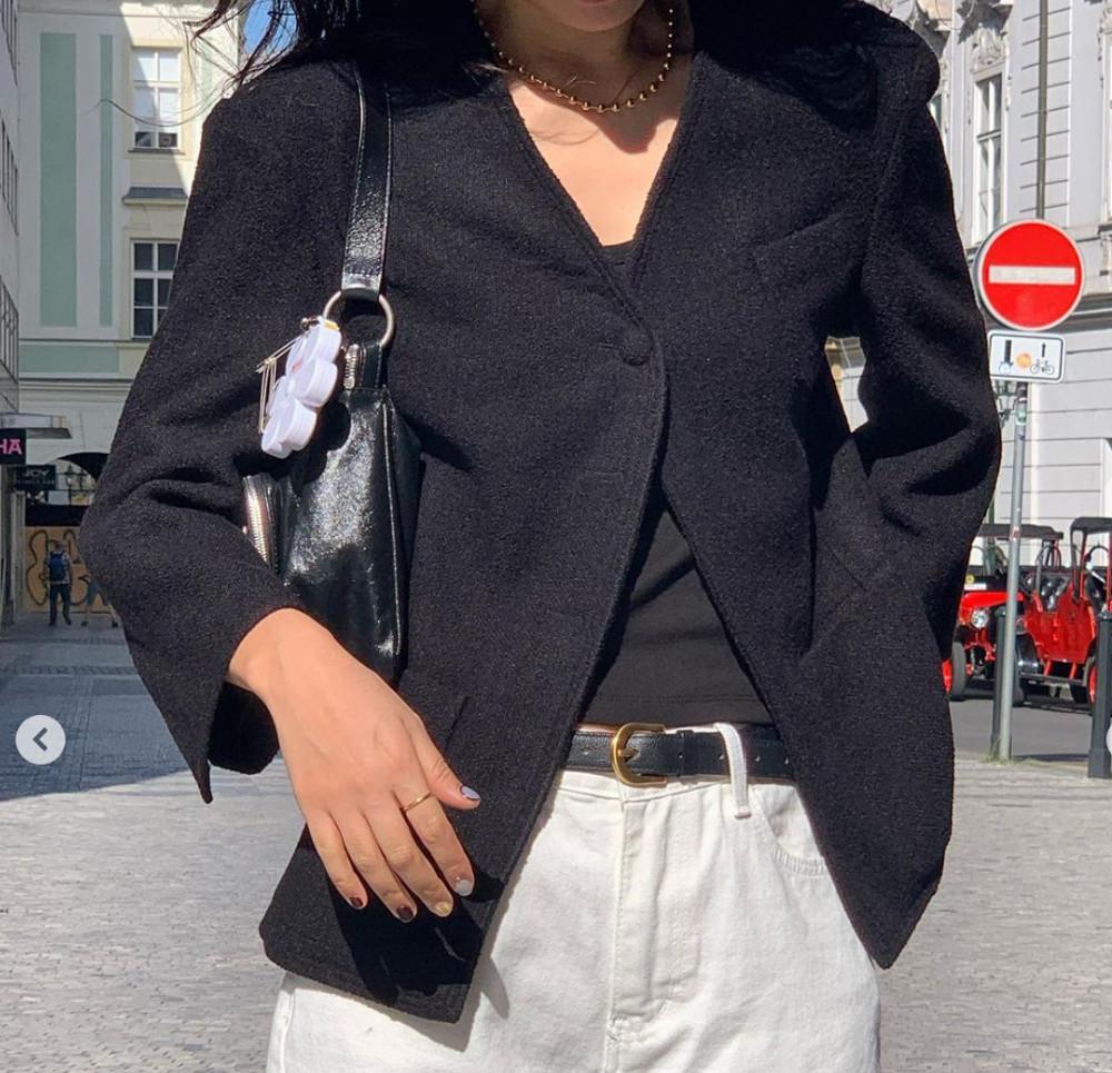 여성 가을 자켓 노카라 트위드 자켓 런던플랏 베르가못 바질 쓰리스티치