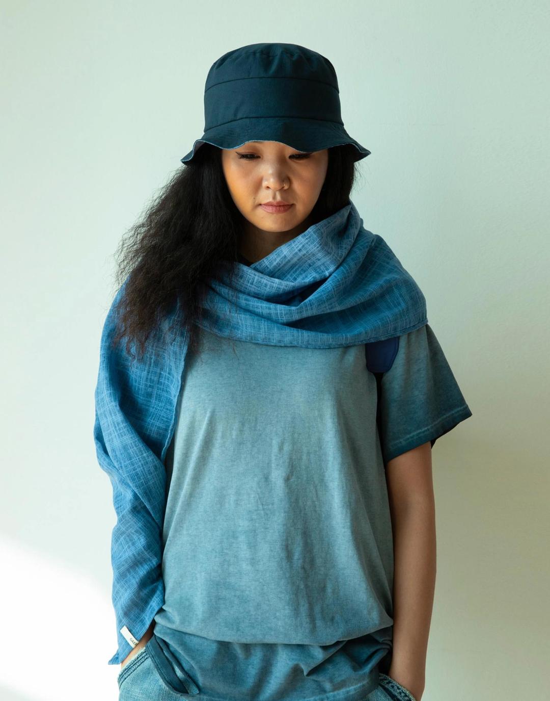 Gauze Checked Scarf (Blue)