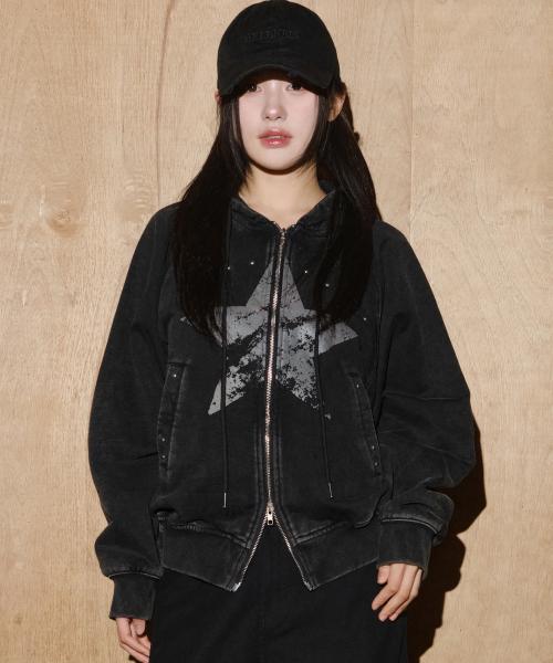 쉐터드 스타 빈티지 다잉 후드 집업 [블랙 워시드]