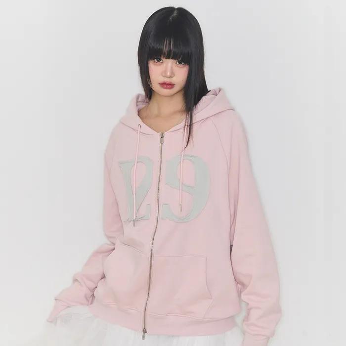 129 로고 패치 후드 집업 라이트 핑크