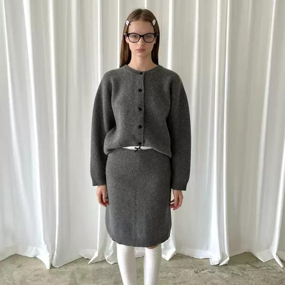 PFF GIRL 그레이 울 가디건 미디 스커트 셋업 니트 스웨터 투피스