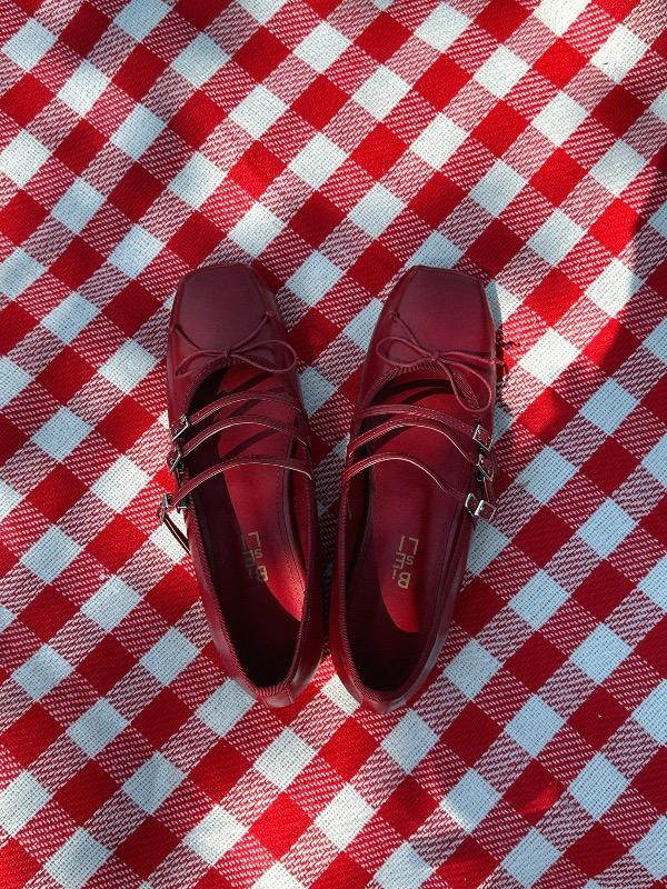 RED RIBBON STRAP BALLERINA FALT SHOES