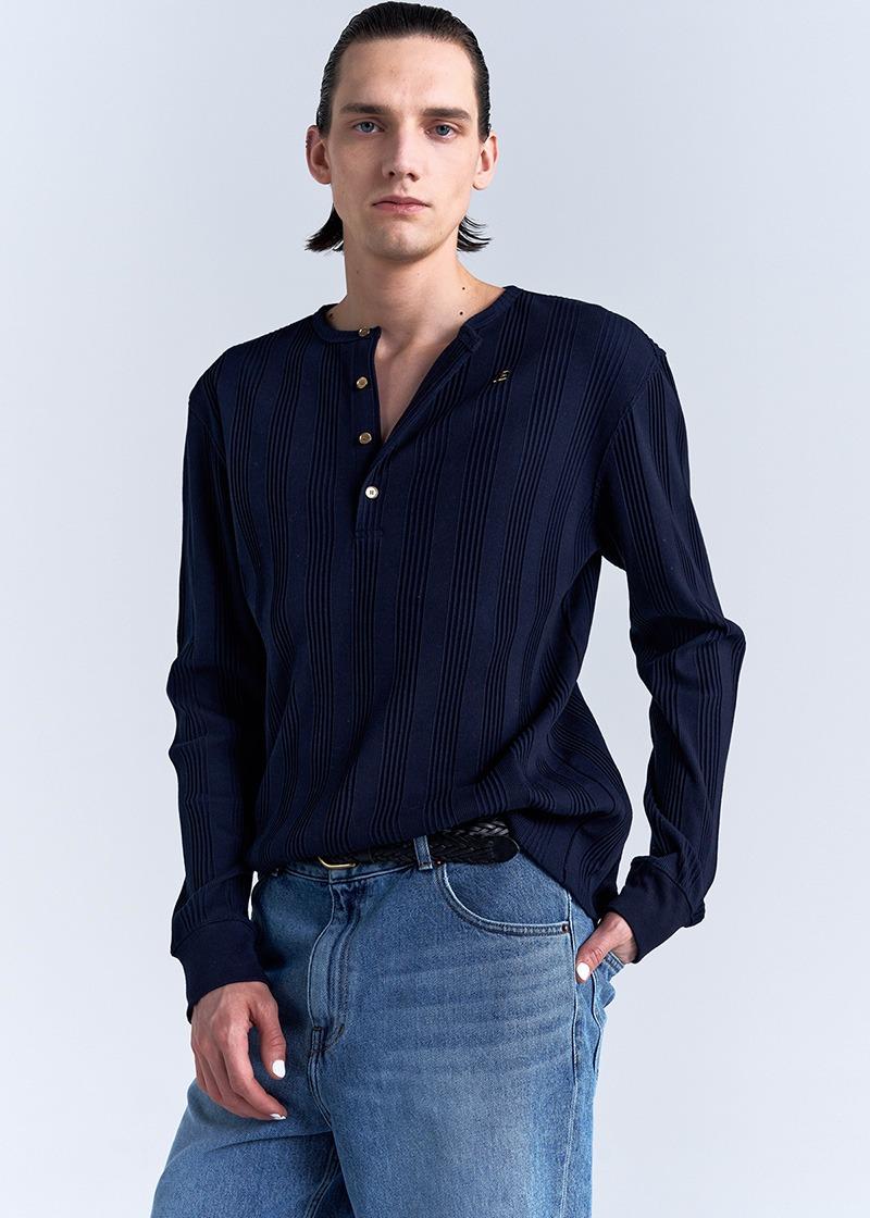 COTTON RIBBED LONG SLEEVES HENLEY NECK - NAVY