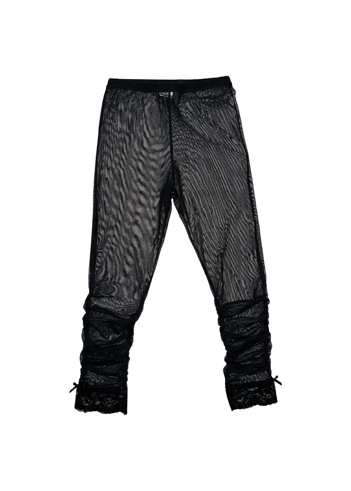 RIBBON SHIRRING MIDI LEGGINGS BLACK