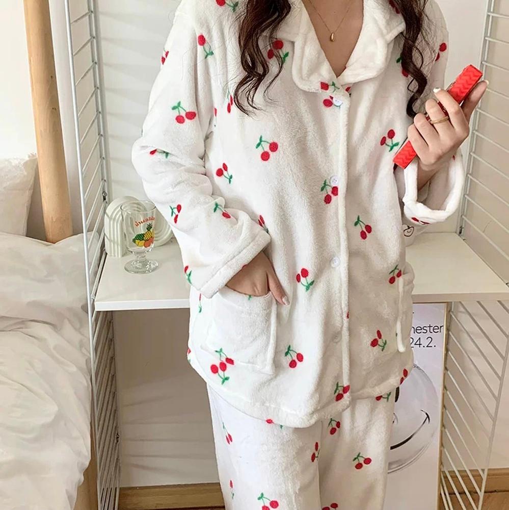 [수면안대세트] 수면 체리 극세사 테리 잠옷 겨울잠옷 여성잠옷 데일리 신혼 파자마 실내복 홈웨어