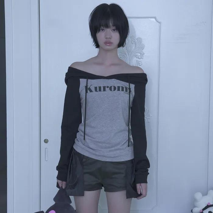 KUROMI OFF SHOULDER HOOD TOP / GRAY