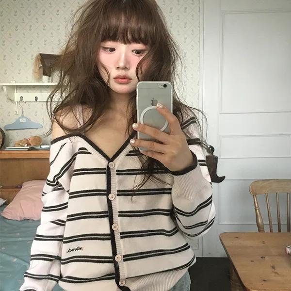 ONE OFF SHOULDER STRIPE WOOL BLENDED CARDIGAN PINK