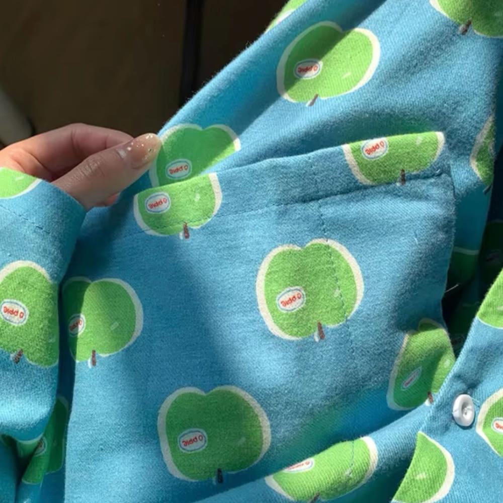 [예약 배송] 여성 사계절 잠옷 선물 코튼 파자마 세트 귀여운 잠옷 홈웨어 그린 애플