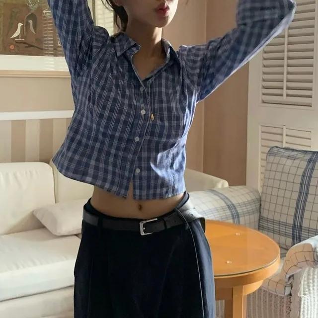 [가을신상/가을셔츠/가을블라우스/레이어드/슬림핏] 톤앤 체크 라인 크롭 셔츠 남방 (3col)