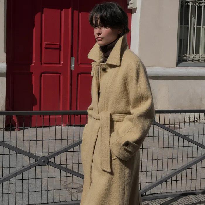 Mohair high-neck belted long coat_beige