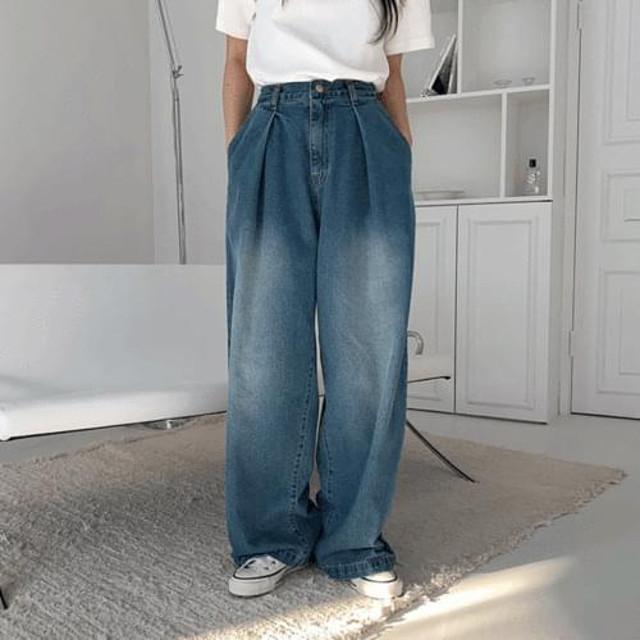 [데일리쥬] 프리지 원핀턱 와이드 데님 팬츠