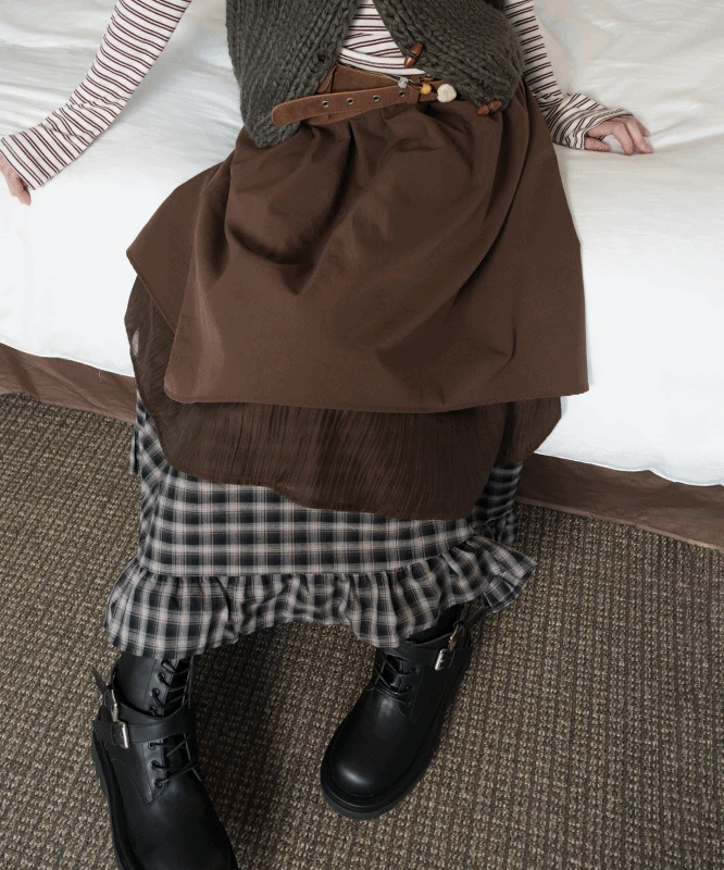 하코 빈티지 레이어드 배색 롱스커트 2color