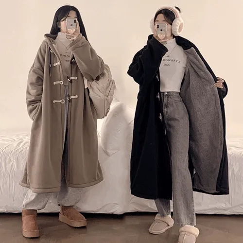 [양털안감/오버핏] 스카시 양털 안감 떡볶이 후드 오버핏 롱 코트 (2color)