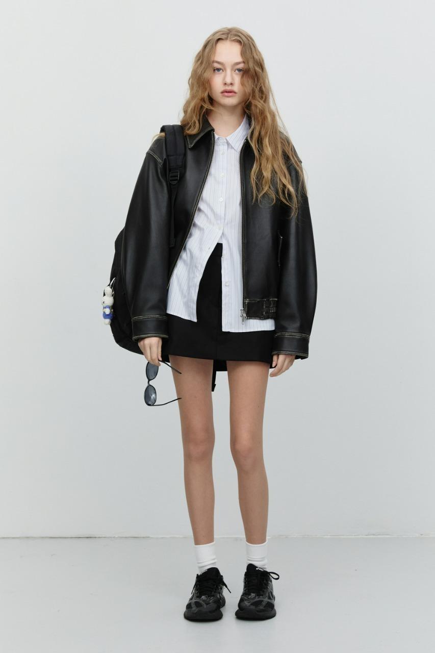 UNISEX LAMBSKIN LEATHER BLOUSON BRUSHED BLACK