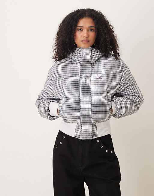 Calvin Klein Jeans boxy hooded down puffer jacket in grey check