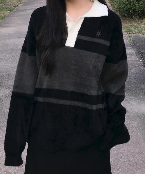 헤어리 스트라이프 카라 니트(블랙)