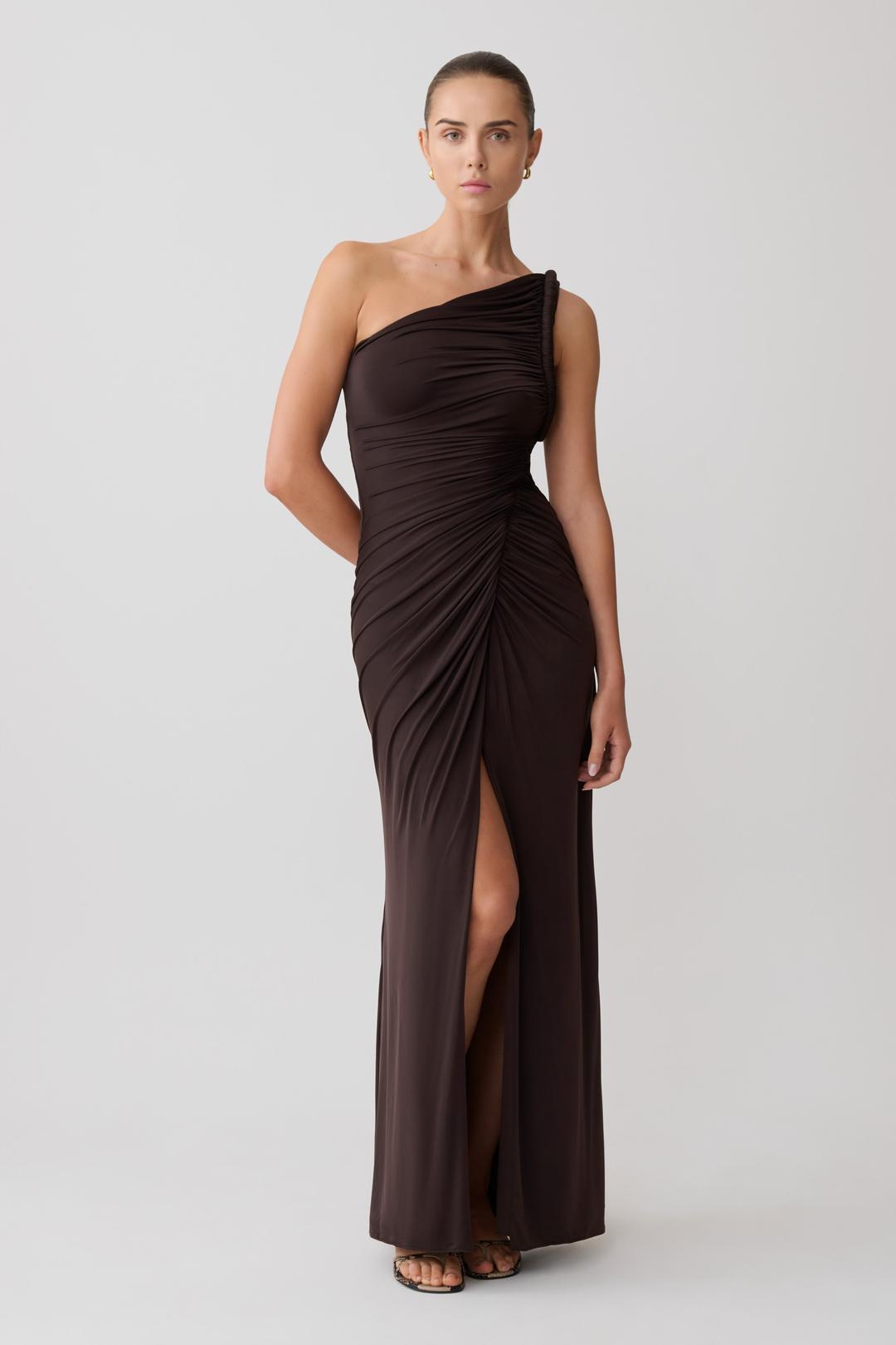 Ryn Twisted One Shoulder Maxi Dress - Dark Chocolate - XXS