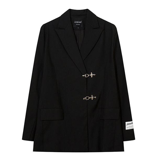 Black Antique Buckle Patch Loose Blazer (5470)