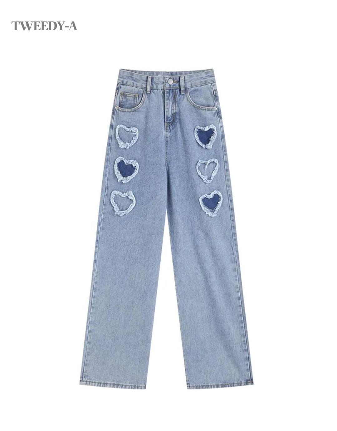 하트 젝스 스트레이트 핏 하이웨스트 데님 진 미디엄 블루