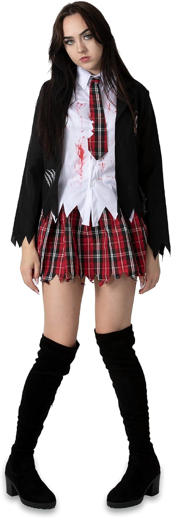Ladies Halloween Zombie Schoolgirl Costume - Black and Tartan Bloodstained School Uniform with Tattered Edges - Adults Halloween Trick or Treat Fancy Dress Costume