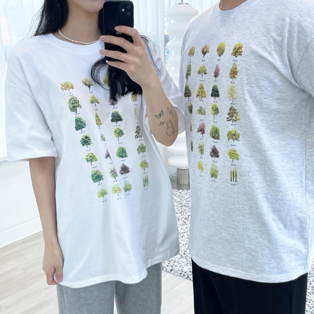 나무 프린팅 오버핏 남녀공용 반팔 티셔츠 커플티