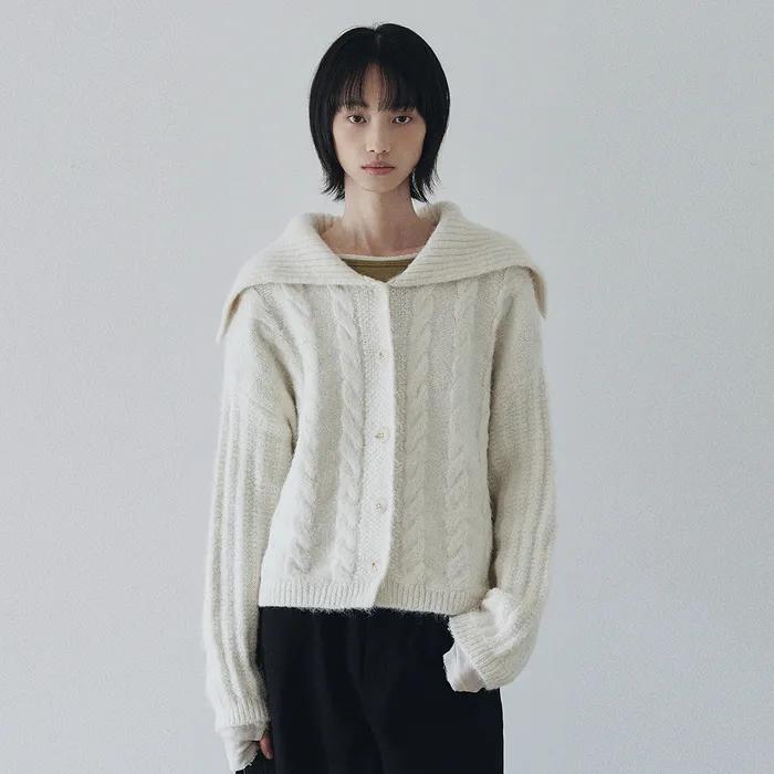Sailor Collar Wool Knit Cardigan (Ivory)