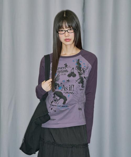키치 스템프 핀턱 래글런 롱 슬리브 - GRAY PURPLE