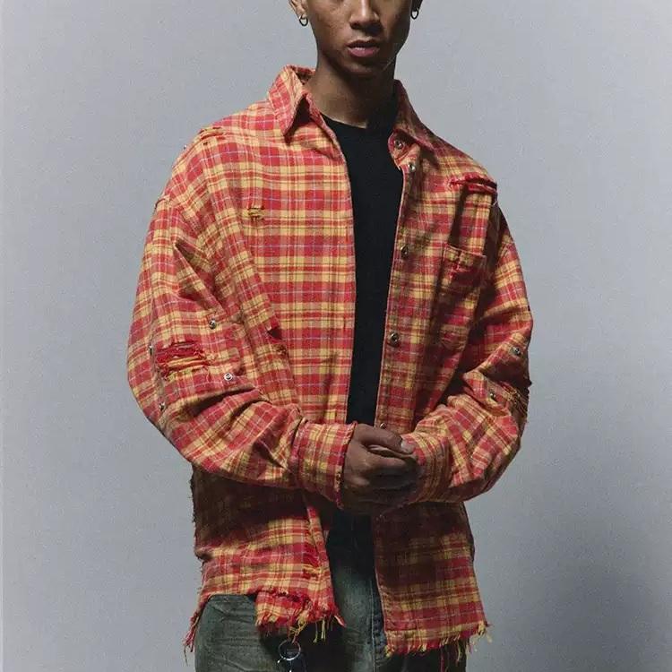 ANTIDOTE 디스트로이드 레드 체크 셔츠 오버핏 코튼 남방