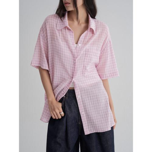 체크 오버핏 반소매 셔츠  핑크