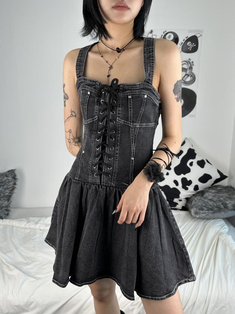 유어 무드 코르셋 아일렛 플레어 데님 원피스(3-5일 여유주문)