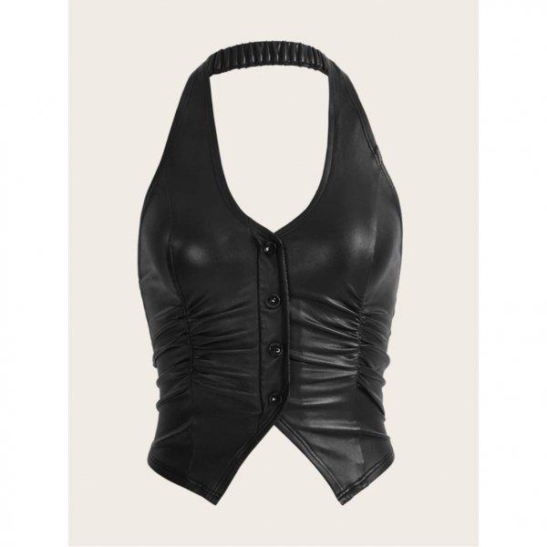 홀터넥나시 앞 버튼 뒷트임 PU 가죽 홀터넥 톱355553