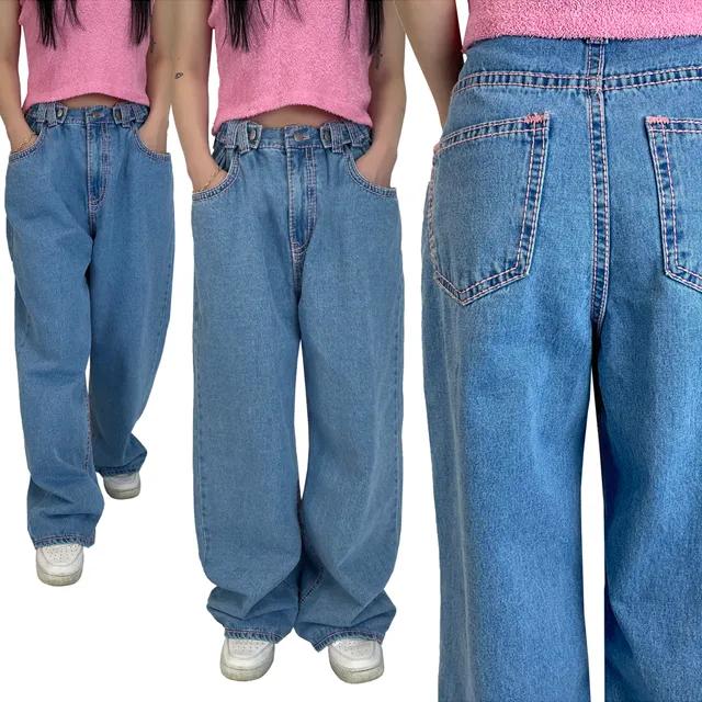 멘들스 핑크 스티치 트루진 연청 비조 와이드 데님 팬츠