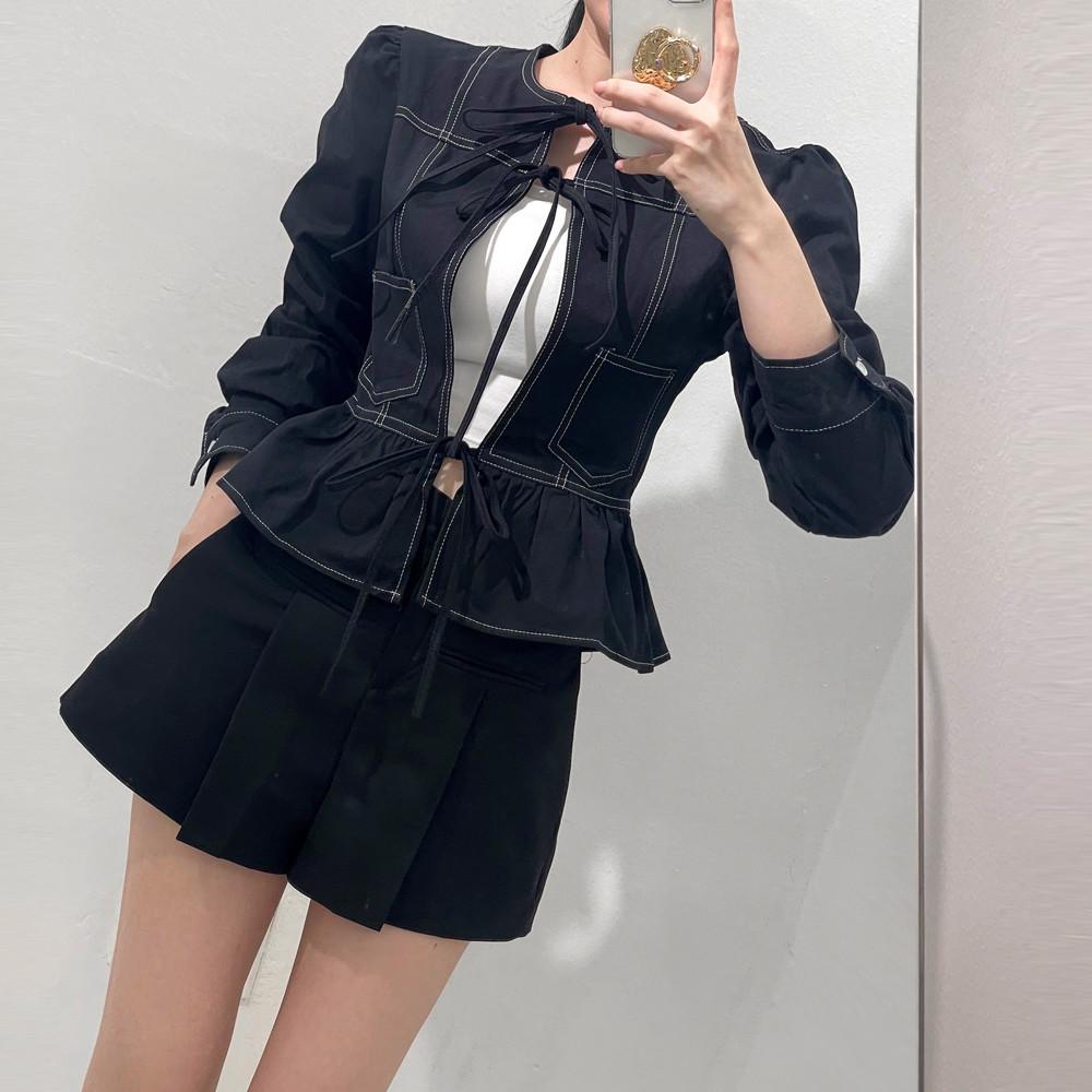 스티치 리본 퍼프 블라우스 자켓